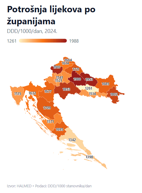 Karta Hrvatske s potrošnjom lijekova po županijama